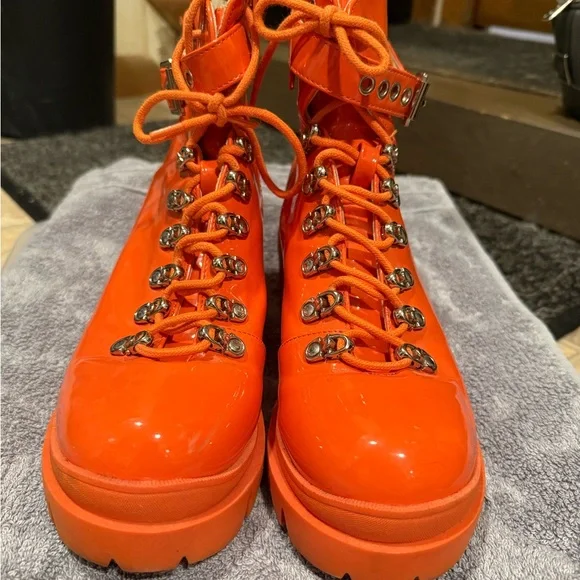 Rare! Neon orange Jeffrey Campbell Czech chunky heeled combat boots - Picture 3 of 11